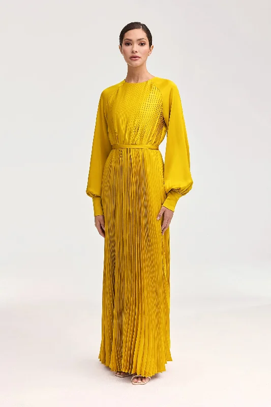 Drawstring work dress-Nadira Satin Pleated Maxi Dress - Honey