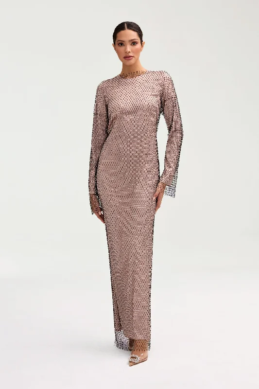 Flannel office dress-Naila Satin Crystal Maxi Dress - Pink Jasmine