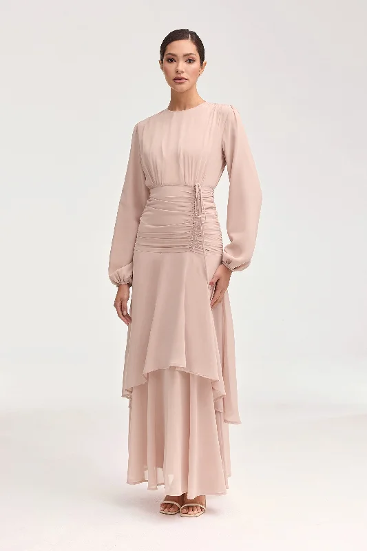 Drawcord boho dress-Narjis Side Rouched Maxi Dress - Jasmine Pink