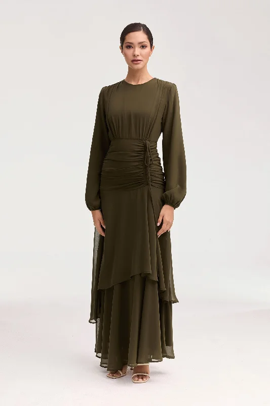 Petaled party dress-Narjis Side Rouched Maxi Dress - Olive