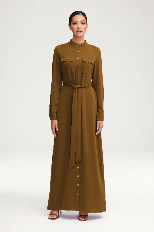 Hushed whisper dress-Olivia Button Down Utility Maxi Dress - Khaki Green