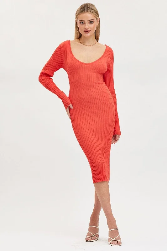 Rust formal dress-Orange Knit Dress Evening Midi