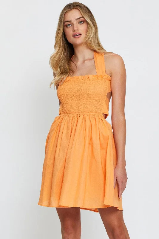 Exposed-shoulder prom dress-Orange Mini Dress Sleeveless