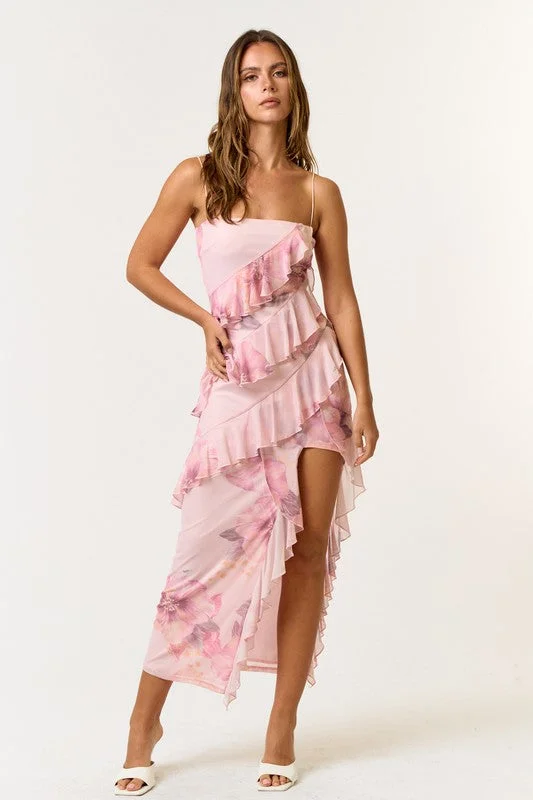 Honey glam dress-Palmilla Floral Mesh Ruffle Maxi Dress