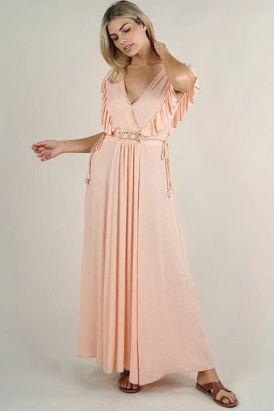 Kimono-sleeve summer dress-Peach Bellini Ruffled Maxi Dress - Final Sale