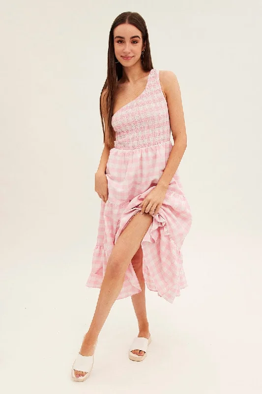 Spark radiant dress-Pink Check Midi Dress One Shoulder Shirred Body