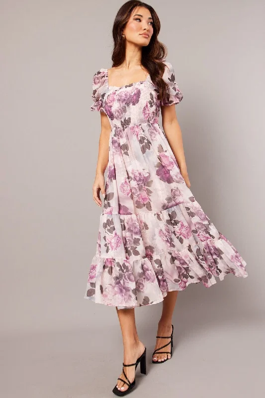 Exclusive evening dress-Pink Floral Maxi Dress Puff Sleeve