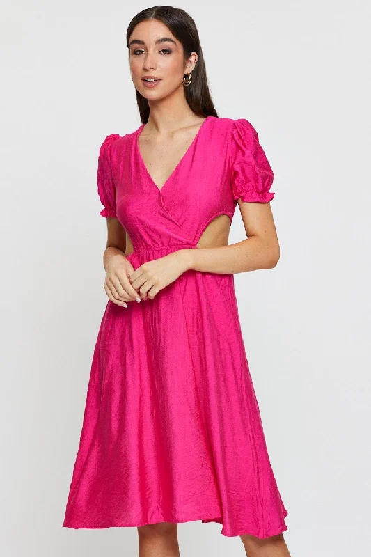 Burst vibrant dress-Pink Midi Dress Short Sleeve V Neck