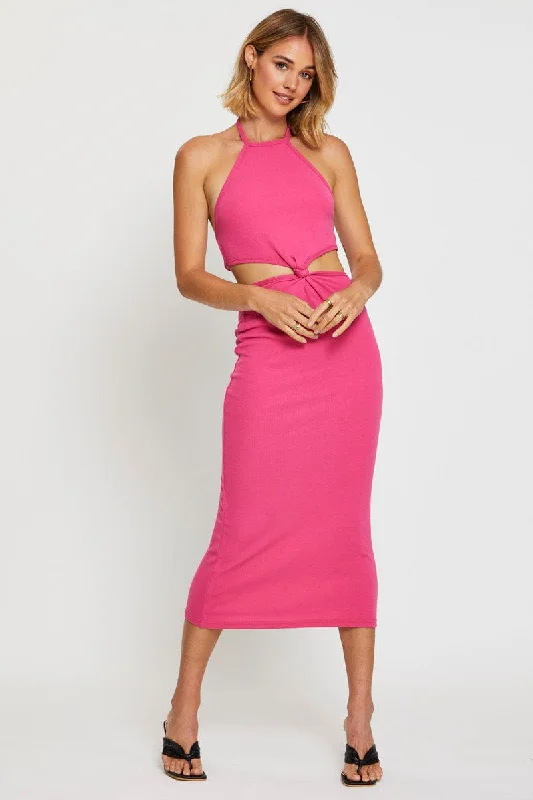 Radiant neon dress-Pink Midi Dress Sleeveless