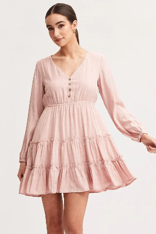 Clingy club dress-Pink Skater Dress Long Sleeve Mini