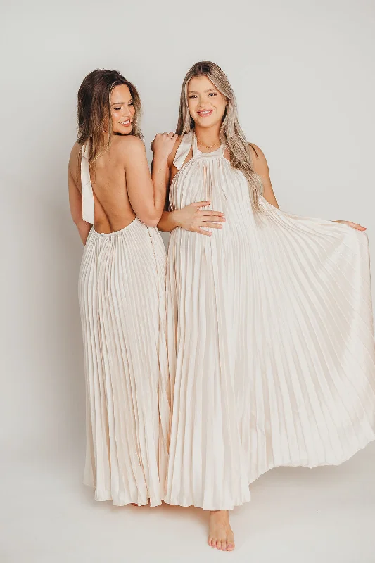 Broad maxi dress-Maren Pleated Halter Maxi Dress in Cream - Bump Friendly