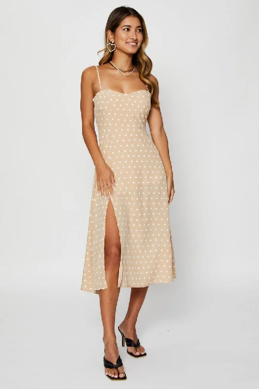 Crystal gala dress-Polka Dot Midi Dress Sleeveless Sweetheart Neckline