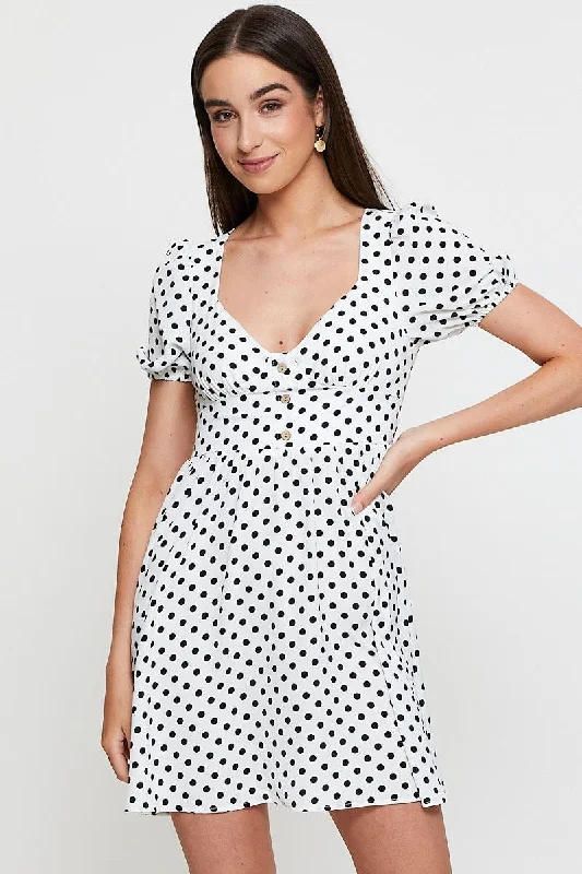 Mottled patchwork dress-Polka Dot Mini Dress Short Sleeve Sweetheart Neckline