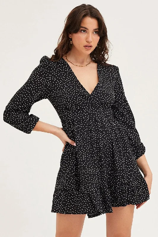 Gathered mini dress-Polka Dot Wrap Dress Long Sleeve Mini