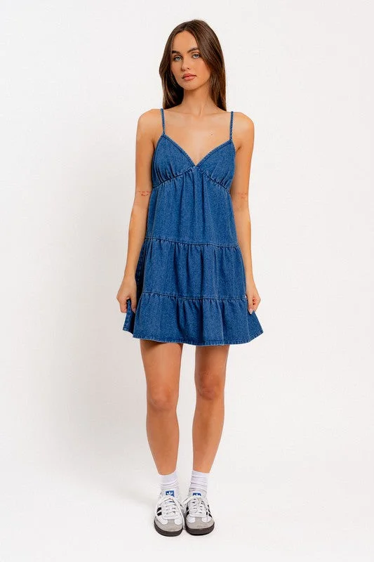 Stand-collar wedding dress-Ready to Charm Tiered Denim Mini Dress