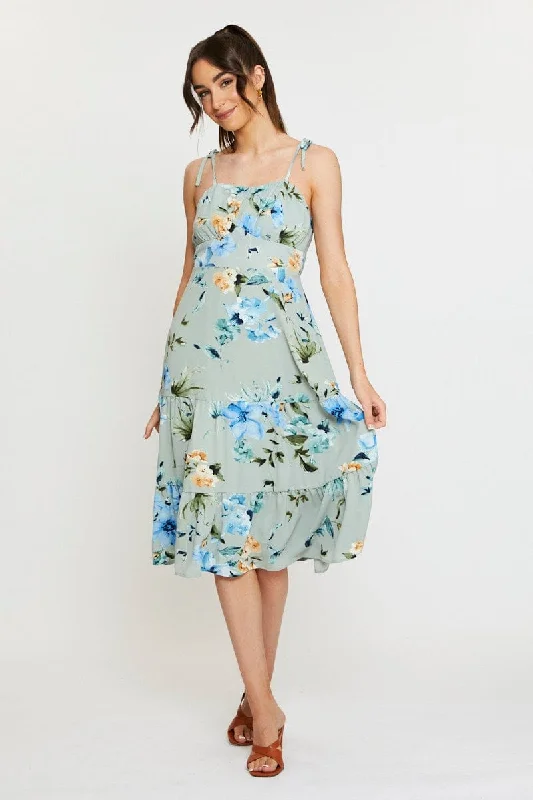 Drawstring work dress-Print A Line Dress Midi