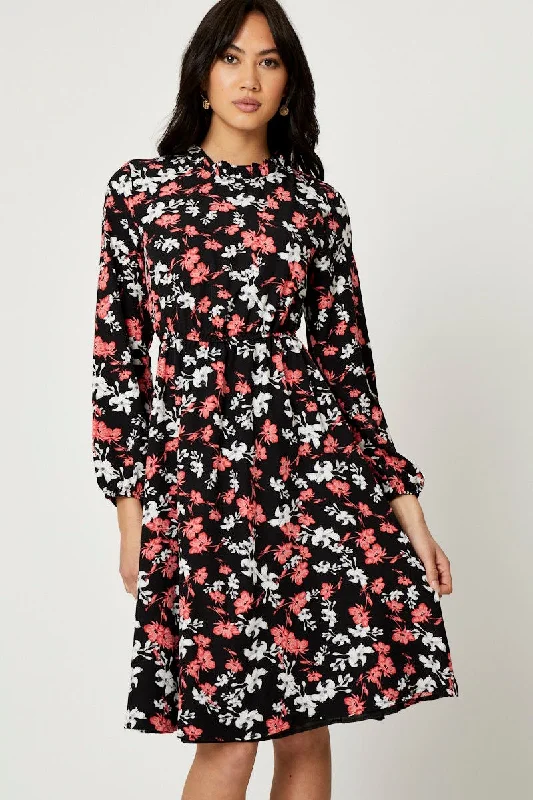 Zoned modern dress-Print High Neck Floral Midi Dress