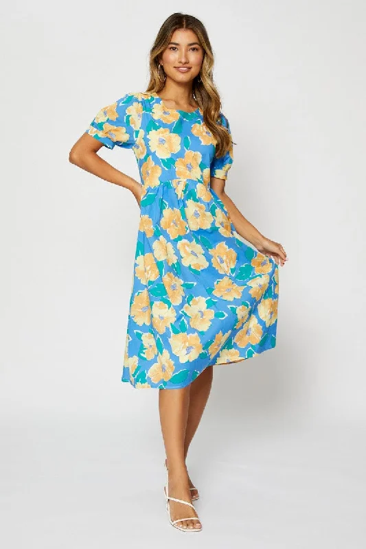 Flocked fall dress-Print Midi Dress Short Sleeve