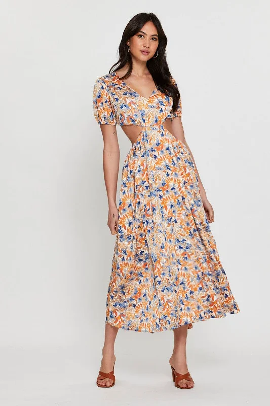 Scoop-neck picnic dress-Print Midi Dress Short Sleeve