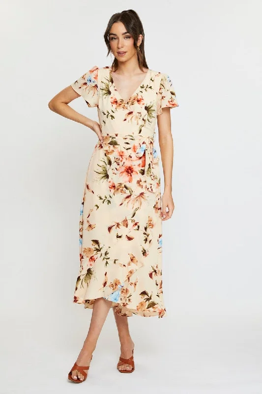 Spin retro dress-Print Midi Dress Short Sleeve V Neck