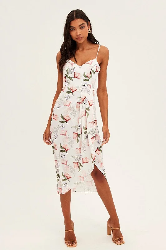 Ribbon-tie party dress-Print Midi Dress Sleeveless V Neck Wrap Floral Print