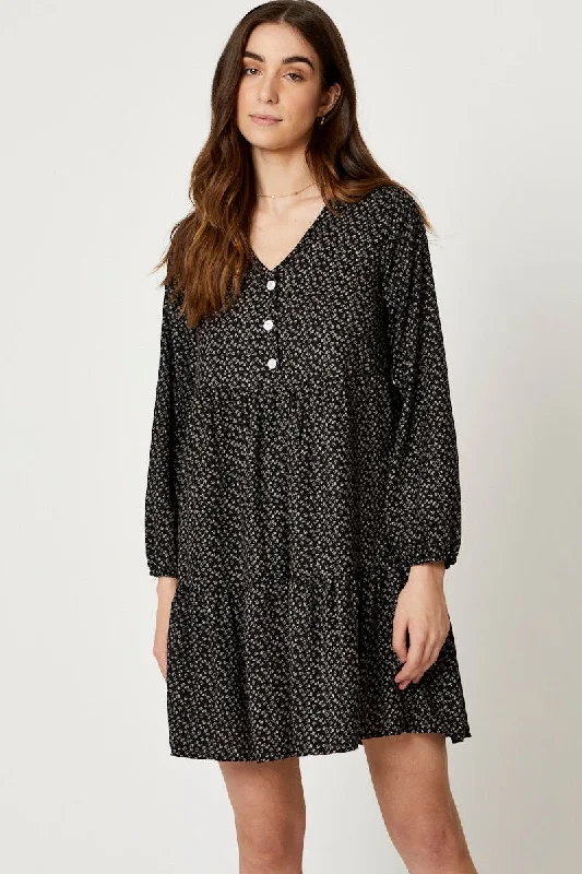 Flocked cozy dress-Print Mini Dress Long Sleeve