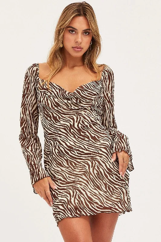 Drawcord boho dress-Print Mini Dress Long Sleeve