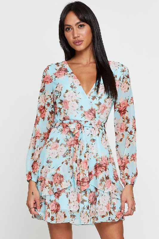 Studded sparkly dress-Print Mini Dress Long Sleeve V Neck