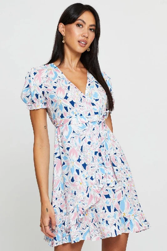 Crisp sheer dress-Print Mini Dress Short Sleeve Fit And Flare