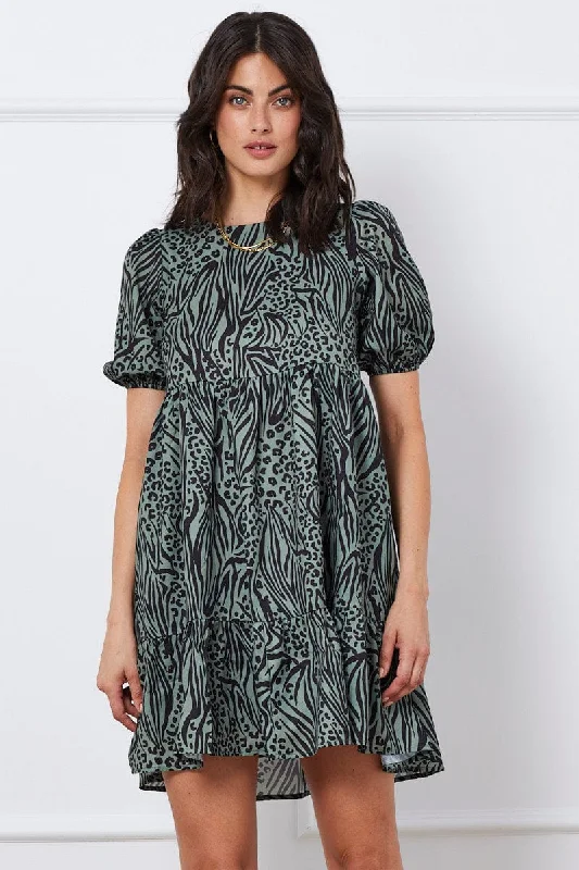 Earth toned dress-Print Mini Dress Short Sleeve Round Neck