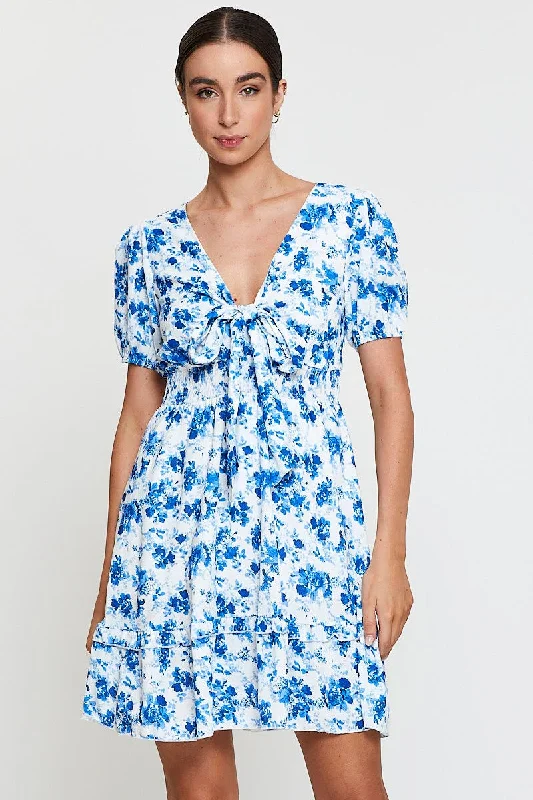 Nostalgic floral dress-Print Mini Dress Short Sleeve V Neck Tie