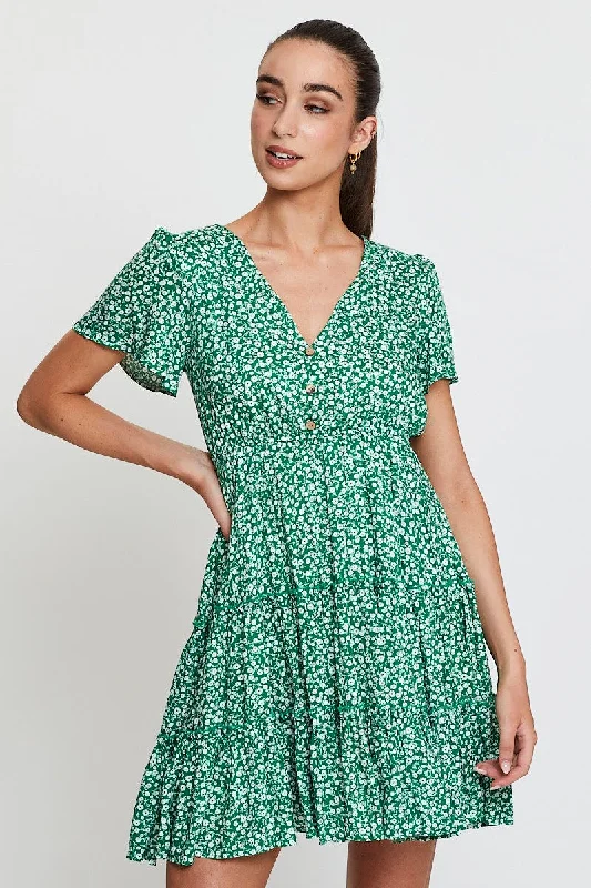 Ruching vintage dress-Print Skater Dress Short Sleeve Mini