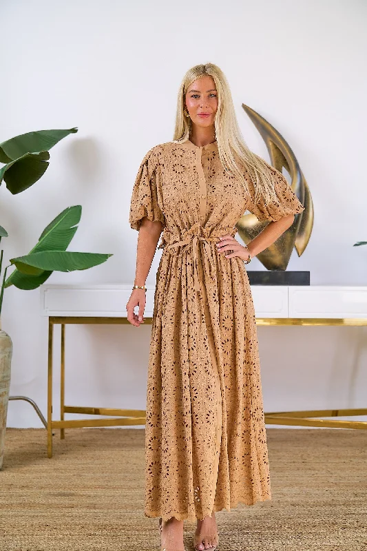 Flannel chic dress-Puff Sleeve Eyelet Maxi Dress