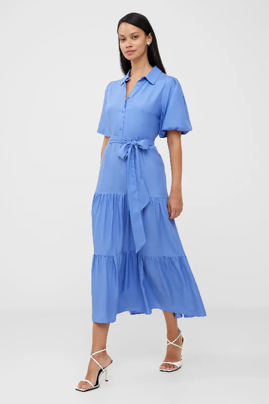 Flowing maternity dress-Puff Sleeve Tiered Midi Shirt Dress