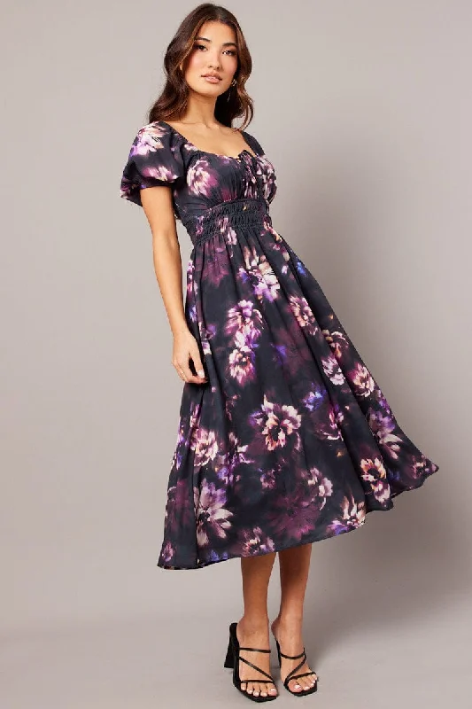 Kimono-sleeve picnic dress-Purple Floral Midi Dress Short Sleeve Ruched Bust