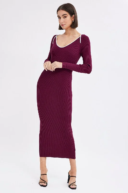 Topaz jewel dress-Purple Midi Dress Long Sleeve Sweetheart Contrast Bind