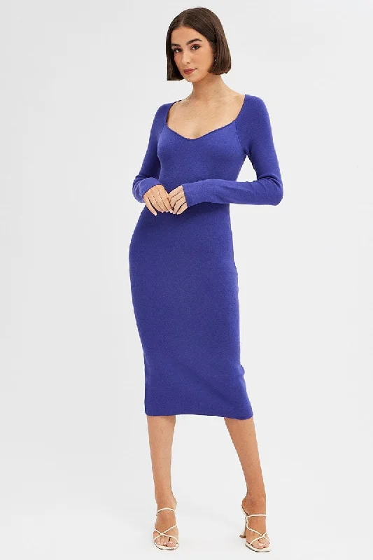 Scarlet vibrant dress-Purple Midi Dress Long Sleeve Sweetheart Neckline Knit