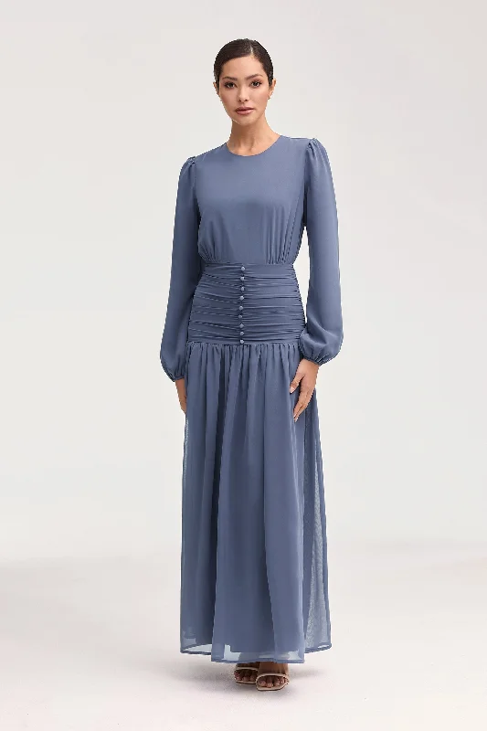 Organic linen dress-Randa Rouched Maxi Dress - Dusk