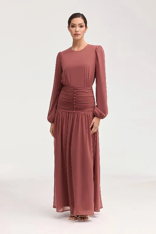 Smooth silk dress-Randa Rouched Maxi Dress - Toasted Pecan