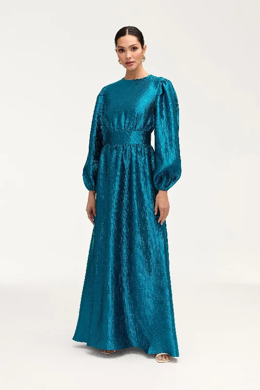 Plush jacquard dress-Raya Balloon Sleeve Maxi Dress - Deep Lagoon