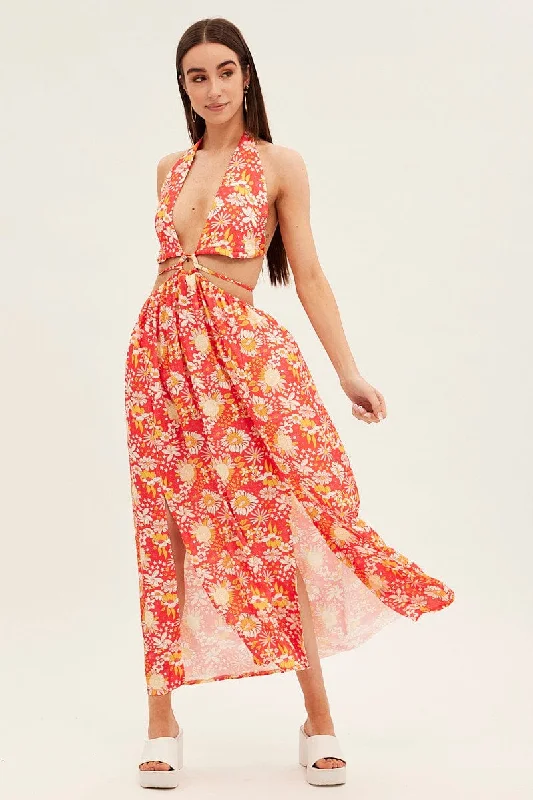 Nomadic tiered dress-Red Floral Maxi Dress Cutout Front Split