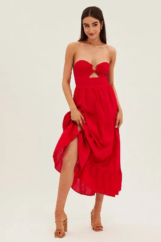 Cloudy boho dress-Red Maxi Dress Sleeveless Bandeau Ring Detail