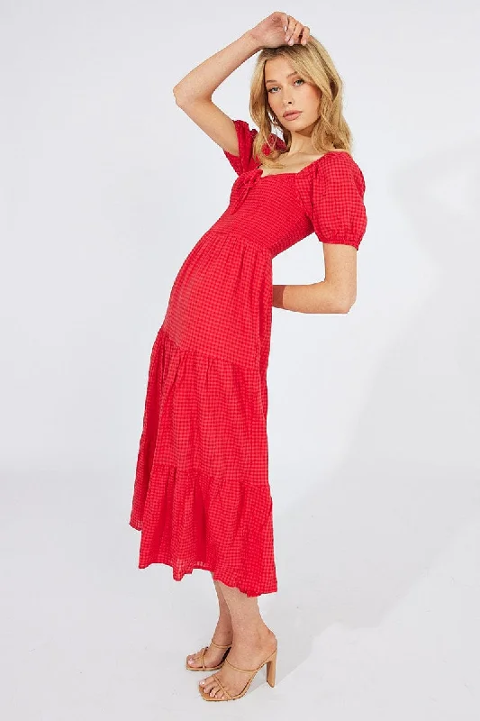 Airy wrap dress-Red Midi Dress Short Sleeve Shirred