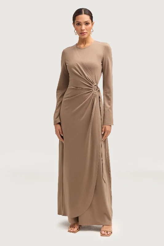 Exposed-shoulder beach dress-Reema Wrap Maxi Dress - Taupe