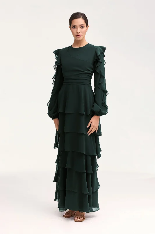 Trim office dress-Renad Tiered Chiffon Maxi Dress - Emerald