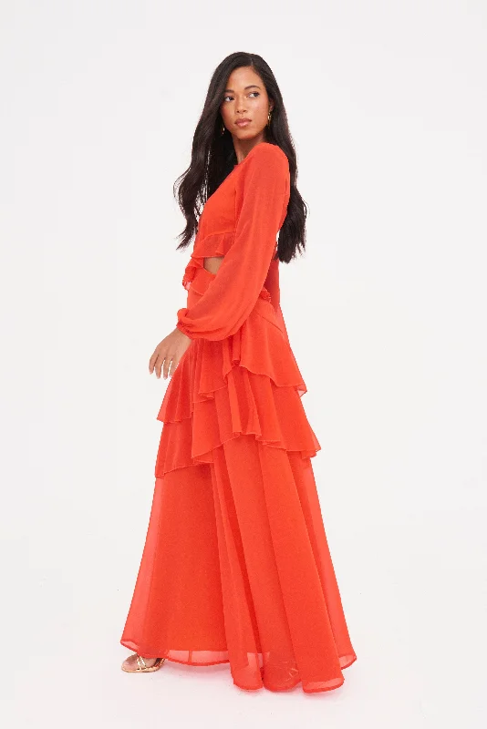 Waffle picnic dress-RUFFLE CUT OUT MAXI DRESS