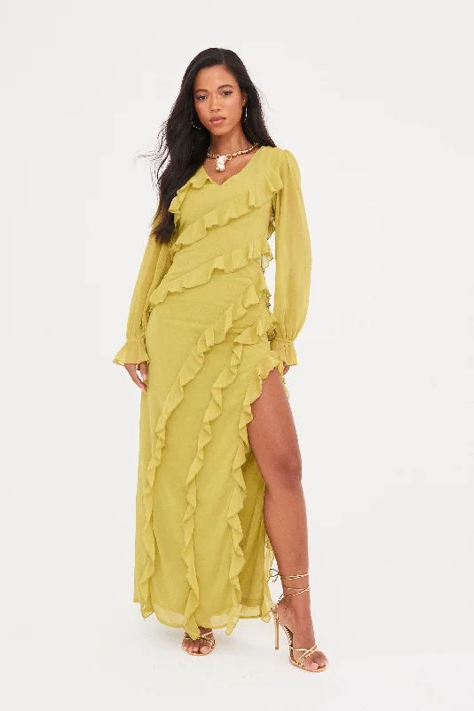 Pull-on vacation dress-RUFFLE FLARE SLEEVE MAXI DRESS IN CHARTREUSE