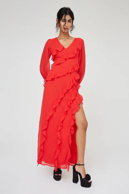 Gusty vacation dress-RUFFLE FLARE SLEEVE MAXI DRESS