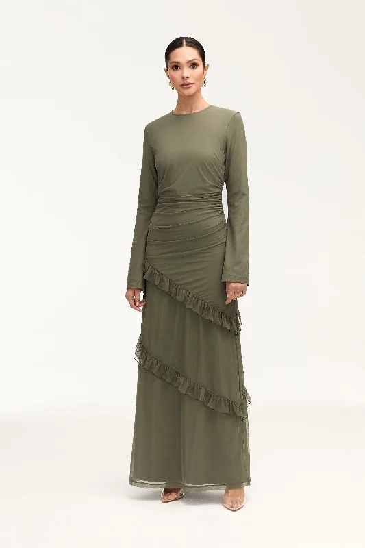 Light tulle dress-Sabrina Waterfall Maxi Dress - Smokey Olive