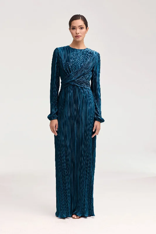 Fleecy sweater dress-Samara Satin Plisse Wrap Waist Maxi Dress - Lapis Blue